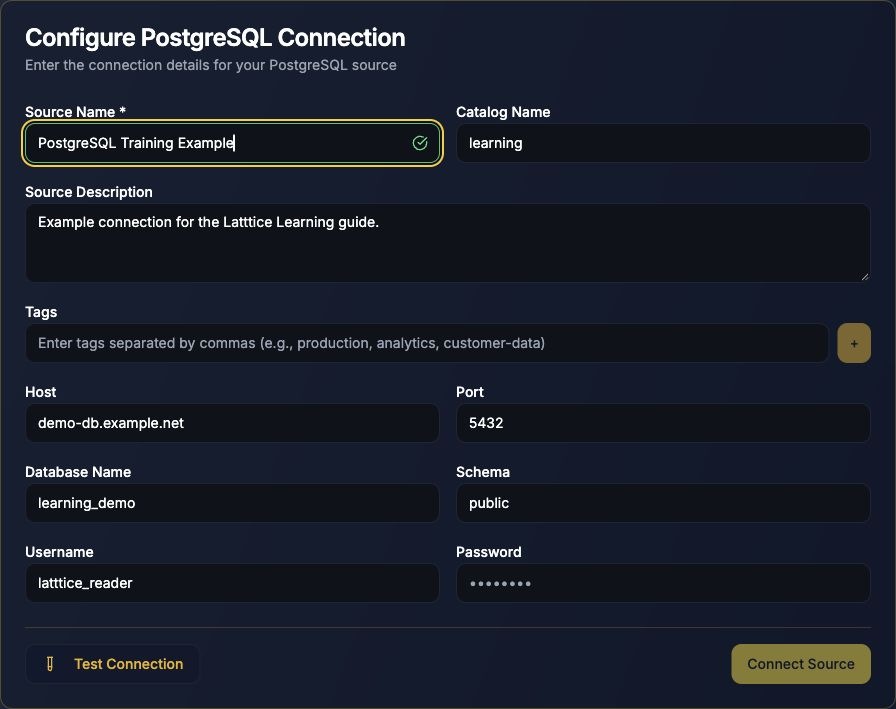 The genuine Latttice PostgreSQL connection form, showing the fields for adding a structured data source
